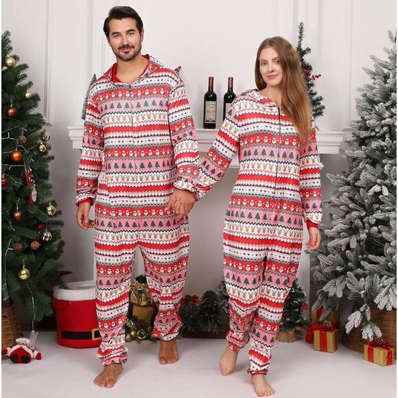 ANGELGGH Other - Mens Christmas Hooded Onesie Pajamas Size Large Red Pink Snowman Pattern